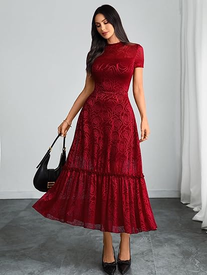 Womens Elegant Vintage Floral Lace Dress Short Sleeve Double Layer Gothic Midi Wedding Guest Cocktail
