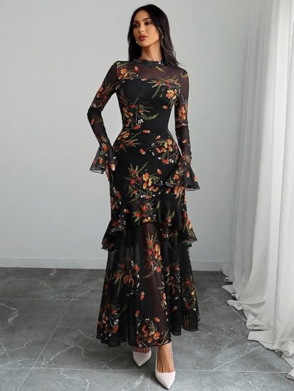 Womens Floral Maxi Dress Sheer Mesh Bell Sleeve Tiered Ruffle Gothic Romantic Casual Long Dresses