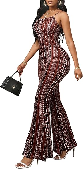 Womens Sexy Flared Jumpsuit High Waisted Tie Dye Spaghetti Strap Bodycon Night Club Party Casual Jumpsuits