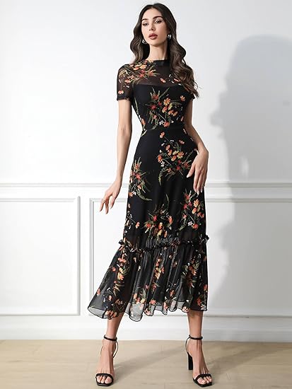 Women's Summer Floral Mesh Ruffle Dress Short Sleeve Round Neck Waist Cinched Casual Maxi Wedding Guest Dresses