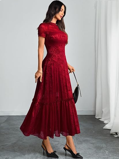 Womens Elegant Vintage Floral Lace Dress Short Sleeve Double Layer Gothic Midi Wedding Guest Cocktail