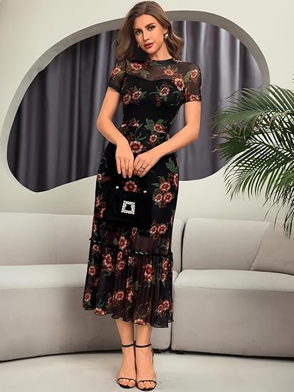 Women's Summer Floral Mesh Ruffle Dress Short Sleeve Round Neck Waist Cinched Casual Maxi Wedding Guest Dresses