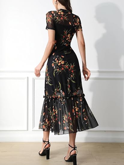 Women's Summer Floral Mesh Ruffle Dress Short Sleeve Round Neck Waist Cinched Casual Maxi Wedding Guest Dresses