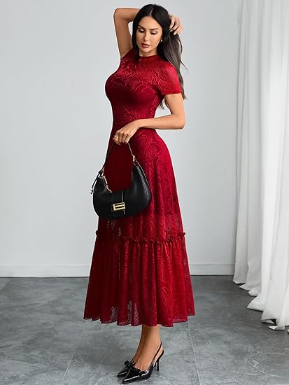 Womens Elegant Vintage Floral Lace Dress Short Sleeve Double Layer Gothic Midi Wedding Guest Cocktail