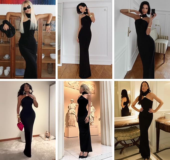 Women’s Elegant Gold Metal Ring Mock Neck Maxi Dress Sexy Halter Bodycon Long Dress Evening Cocktail Dresses