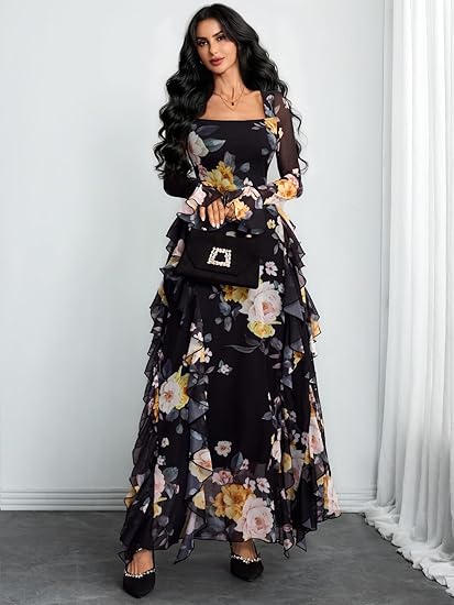 Women's Floral Dress Mesh Sheer Long Sleeve Square Neck Ruffle Layered Elegant Date Night Holiday Party Outfit