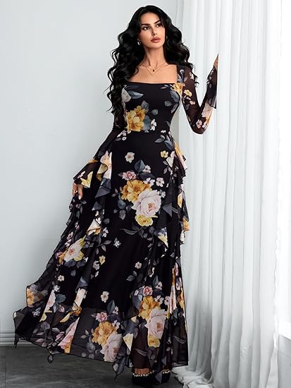 Women's Floral Dress Mesh Sheer Long Sleeve Square Neck Ruffle Layered Elegant Date Night Holiday Party Outfit