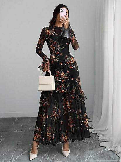 Womens Floral Maxi Dress Sheer Mesh Bell Sleeve Tiered Ruffle Gothic Romantic Casual Long Dresses