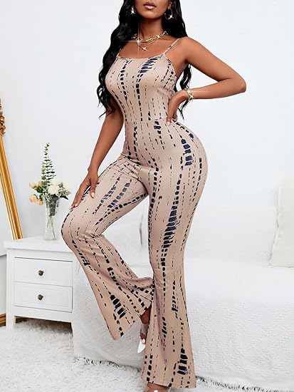 Womens Sexy Flared Jumpsuit High Waisted Tie Dye Spaghetti Strap Bodycon Night Club Party Casual Jumpsuits