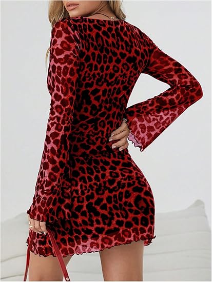Women's Leopard Print Mini Dress Y2k Bell Long Sleeve Cheetah Short Dresses Going Out Party Clubbing Outfits
