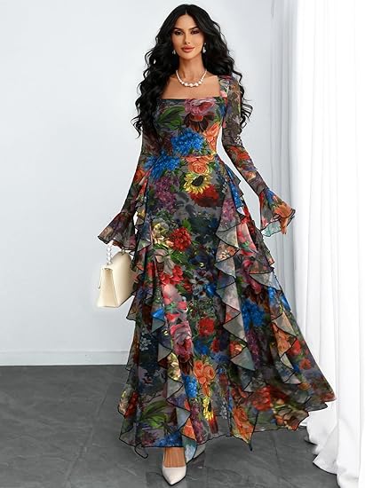 Women's Floral Dress Mesh Sheer Long Sleeve Square Neck Ruffle Layered Elegant Date Night Holiday Party Outfit