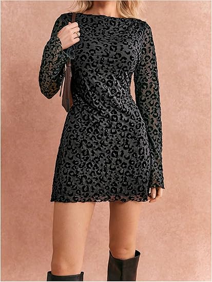 Women's Leopard Print Mini Dress Y2k Bell Long Sleeve Cheetah Short Dresses Going Out Party Clubbing Outfits
