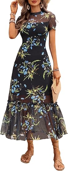 Women's Summer Floral Mesh Ruffle Dress Short Sleeve Round Neck Waist Cinched Casual Maxi Wedding Guest Dresses