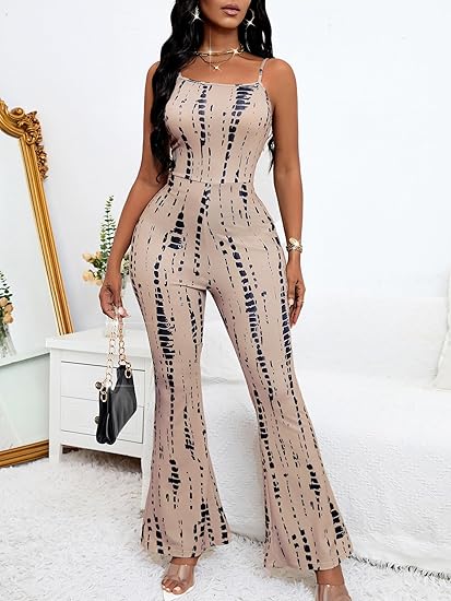 Womens Sexy Flared Jumpsuit High Waisted Tie Dye Spaghetti Strap Bodycon Night Club Party Casual Jumpsuits