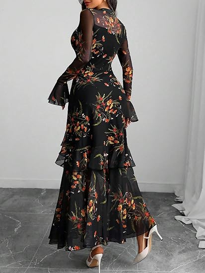 Womens Floral Maxi Dress Sheer Mesh Bell Sleeve Tiered Ruffle Gothic Romantic Casual Long Dresses