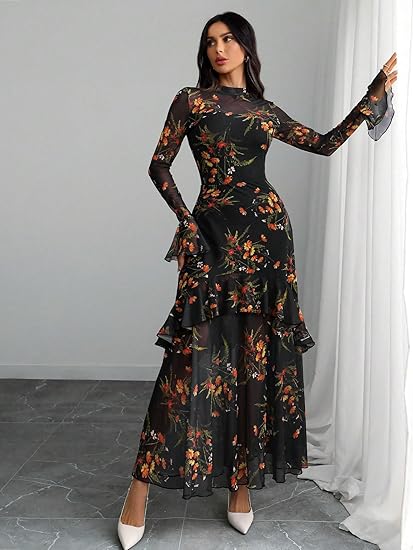 Womens Floral Maxi Dress Sheer Mesh Bell Sleeve Tiered Ruffle Gothic Romantic Casual Long Dresses