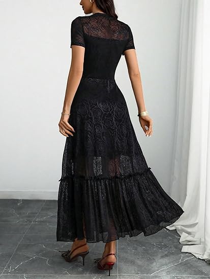 Womens Elegant Vintage Floral Lace Dress Short Sleeve Double Layer Gothic Midi Wedding Guest Cocktail