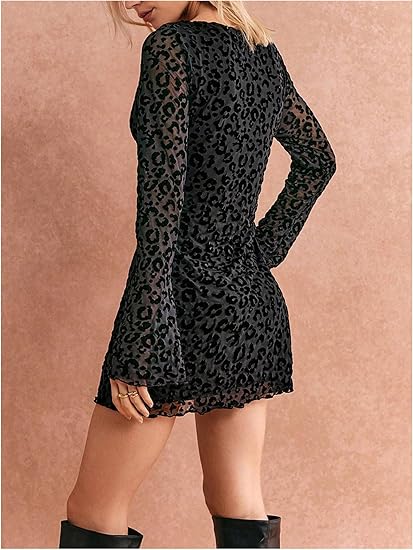 Women's Leopard Print Mini Dress Y2k Bell Long Sleeve Cheetah Short Dresses Going Out Party Clubbing Outfits