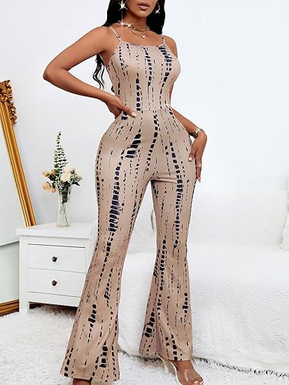 Womens Sexy Flared Jumpsuit High Waisted Tie Dye Spaghetti Strap Bodycon Night Club Party Casual Jumpsuits