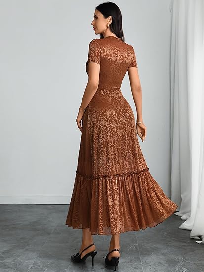 Womens Elegant Vintage Floral Lace Dress Short Sleeve Double Layer Gothic Midi Wedding Guest Cocktail