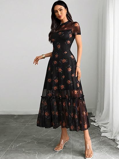 Women's Summer Floral Mesh Ruffle Dress Short Sleeve Round Neck Waist Cinched Casual Maxi Wedding Guest Dresses