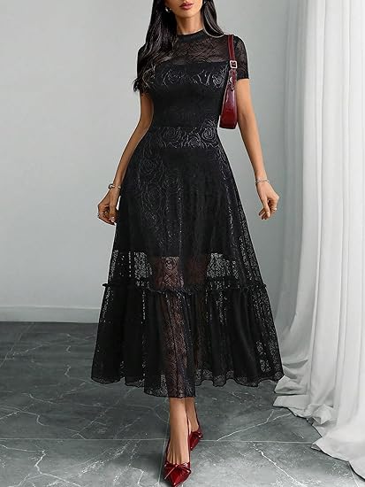 Womens Elegant Vintage Floral Lace Dress Short Sleeve Double Layer Gothic Midi Wedding Guest Cocktail