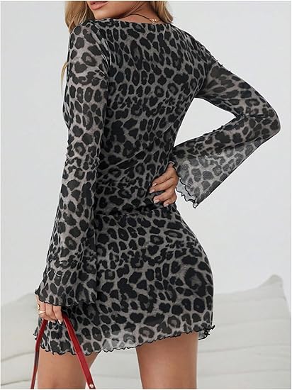 Women's Leopard Print Mini Dress Y2k Bell Long Sleeve Cheetah Short Dresses Going Out Party Clubbing Outfits