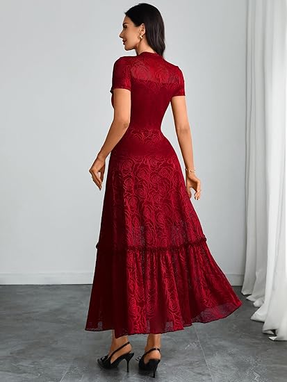 Womens Elegant Vintage Floral Lace Dress Short Sleeve Double Layer Gothic Midi Wedding Guest Cocktail