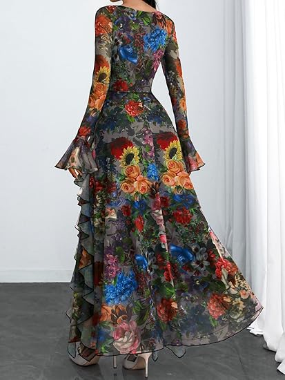 Women's Floral Dress Mesh Sheer Long Sleeve Square Neck Ruffle Layered Elegant Date Night Holiday Party Outfit