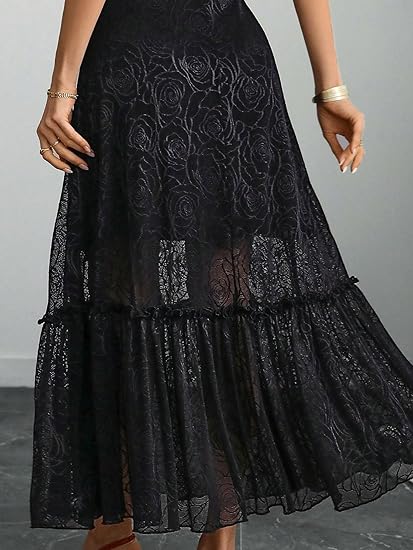 Womens Elegant Vintage Floral Lace Dress Short Sleeve Double Layer Gothic Midi Wedding Guest Cocktail