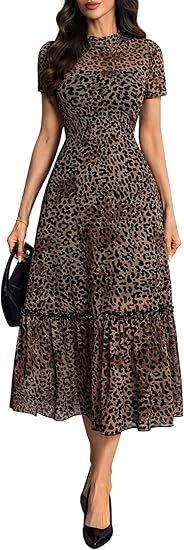 Women's Summer Floral Mesh Ruffle Dress Short Sleeve Round Neck Waist Cinched Casual Maxi Wedding Guest Dresses