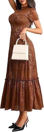 Womens Elegant Vintage Floral Lace Dress Short Sleeve Double Layer Gothic Midi Wedding Guest Cocktail