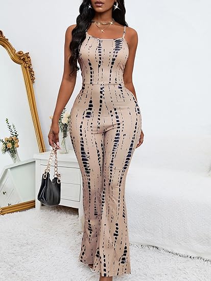Womens Sexy Flared Jumpsuit High Waisted Tie Dye Spaghetti Strap Bodycon Night Club Party Casual Jumpsuits