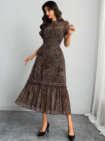 Women's Summer Floral Mesh Ruffle Dress Short Sleeve Round Neck Waist Cinched Casual Maxi Wedding Guest Dresses