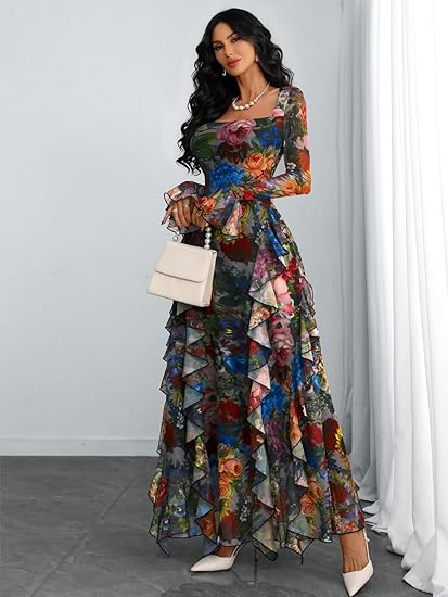 Women's Floral Dress Mesh Sheer Long Sleeve Square Neck Ruffle Layered Elegant Date Night Holiday Party Outfit