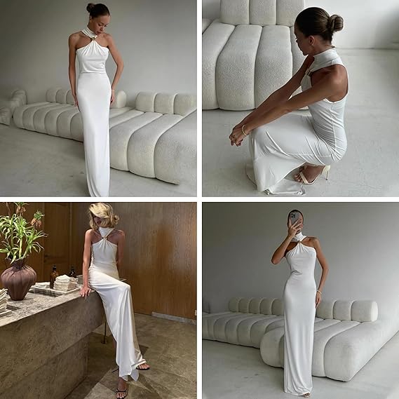 Women’s Elegant Gold Metal Ring Mock Neck Maxi Dress Sexy Halter Bodycon Long Dress Evening Cocktail Dresses