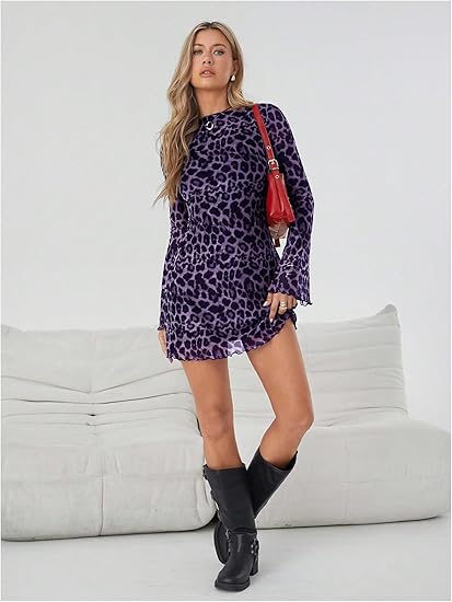 Women's Leopard Print Mini Dress Y2k Bell Long Sleeve Cheetah Short Dresses Going Out Party Clubbing Outfits