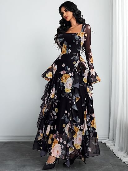Women's Floral Dress Mesh Sheer Long Sleeve Square Neck Ruffle Layered Elegant Date Night Holiday Party Outfit