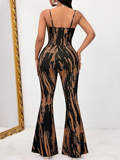 Womens Sexy Flared Jumpsuit High Waisted Tie Dye Spaghetti Strap Bodycon Night Club Party Casual Jumpsuits