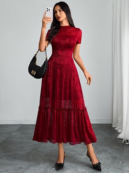 Womens Elegant Vintage Floral Lace Dress Short Sleeve Double Layer Gothic Midi Wedding Guest Cocktail