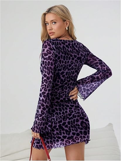 Women's Leopard Print Mini Dress Y2k Bell Long Sleeve Cheetah Short Dresses Going Out Party Clubbing Outfits
