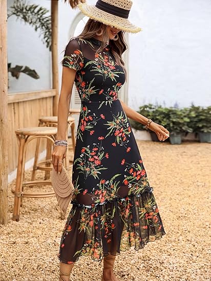 Women's Summer Floral Mesh Ruffle Dress Short Sleeve Round Neck Waist Cinched Casual Maxi Wedding Guest Dresses