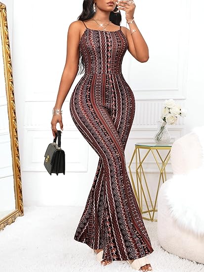 Womens Sexy Flared Jumpsuit High Waisted Tie Dye Spaghetti Strap Bodycon Night Club Party Casual Jumpsuits