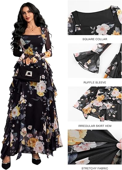 Women's Floral Dress Mesh Sheer Long Sleeve Square Neck Ruffle Layered Elegant Date Night Holiday Party Outfit