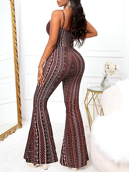 Womens Sexy Flared Jumpsuit High Waisted Tie Dye Spaghetti Strap Bodycon Night Club Party Casual Jumpsuits