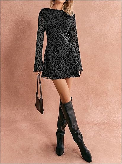 Women's Leopard Print Mini Dress Y2k Bell Long Sleeve Cheetah Short Dresses Going Out Party Clubbing Outfits