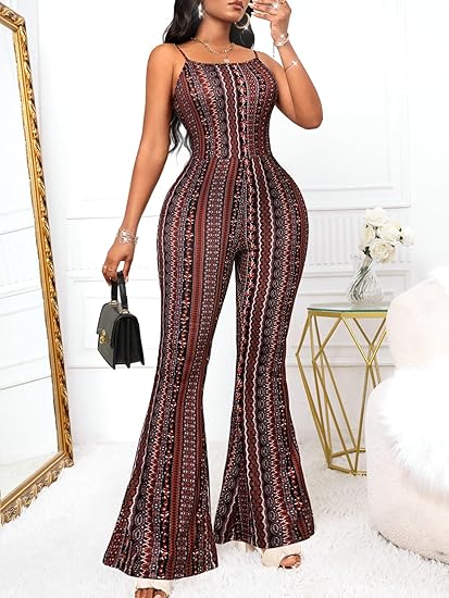 Womens Sexy Flared Jumpsuit High Waisted Tie Dye Spaghetti Strap Bodycon Night Club Party Casual Jumpsuits