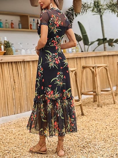 Women's Summer Floral Mesh Ruffle Dress Short Sleeve Round Neck Waist Cinched Casual Maxi Wedding Guest Dresses