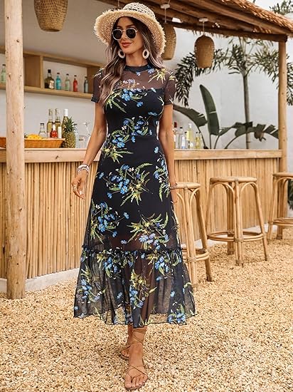 Women's Summer Floral Mesh Ruffle Dress Short Sleeve Round Neck Waist Cinched Casual Maxi Wedding Guest Dresses