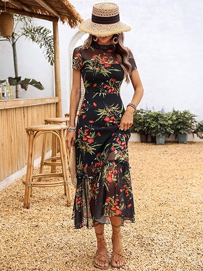 Women's Summer Floral Mesh Ruffle Dress Short Sleeve Round Neck Waist Cinched Casual Maxi Wedding Guest Dresses